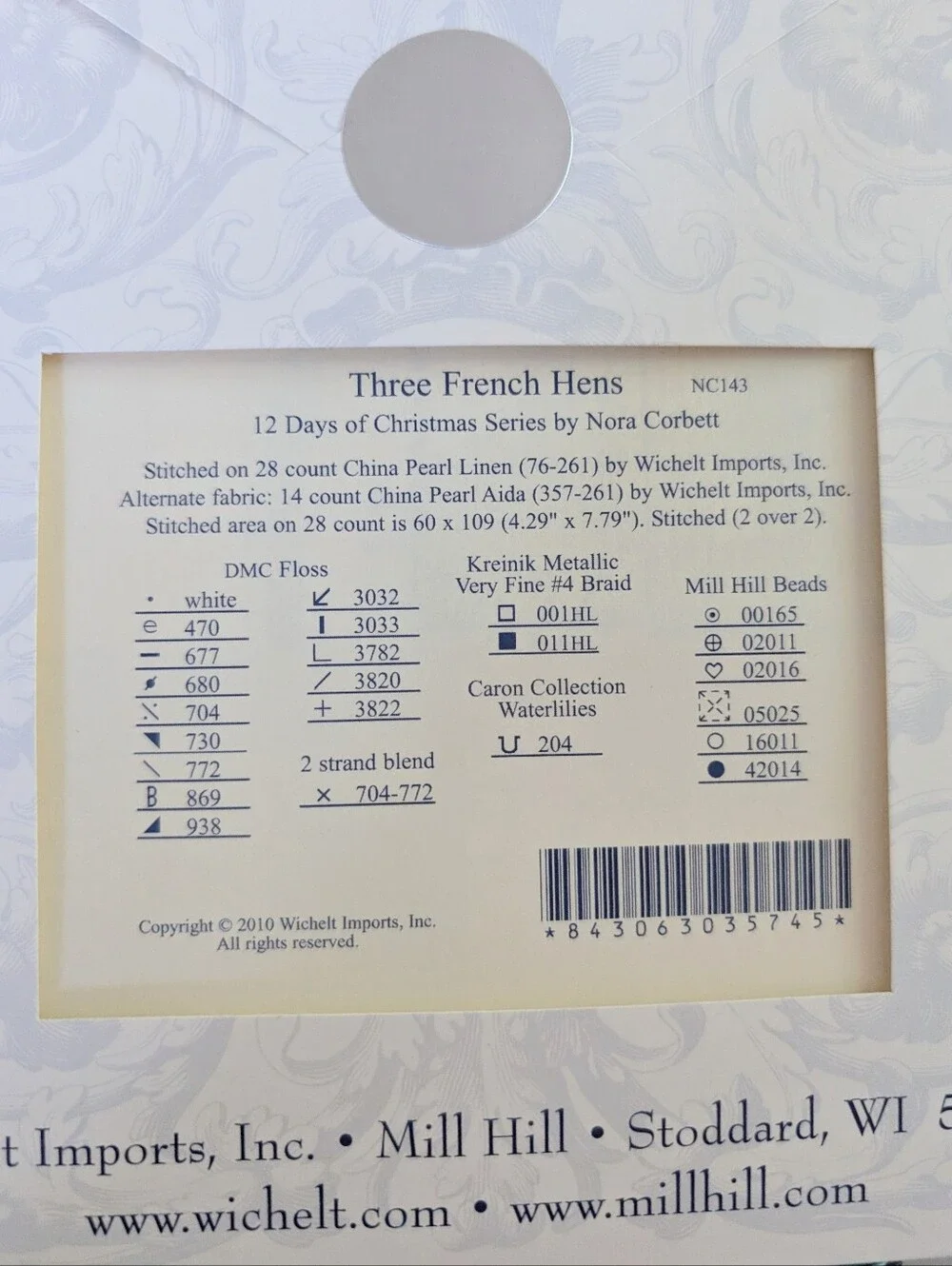 Mirabilia Nora Corbett 12 Days of Christmas Three French Hens Cross Stitch Kit
